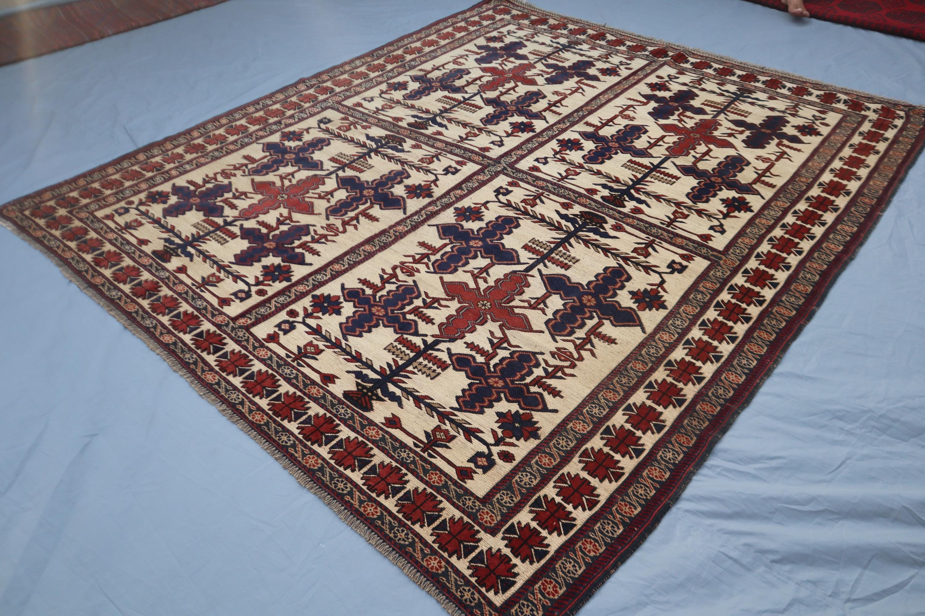 Vintage Turkmen Berjasta Rug: Afghan Tribal Geometric Wool Carpet