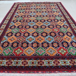 7x10 Handmade Afghan Wool Rug - Colorful Geometric Pattern with Vibrant Blue, Red, Green, and Yellow Motifs,Luxurious Carpet for Living Room