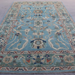 6x9 Aesthetic Sky Blue Vintage Turkish Oushak Rug - Afghan Hand Knotted Tribal Floral Rug - Natural Veg Dye wool Rug - Rug For Living Room