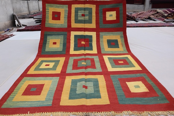 ヴィンテージキリム　アフガニスタン産　（200×118cm)青　赤　緑　ベージュ ヴィンテージキリム アフガニスタン産 （200×118cm)青 赤 緑 ベージュ