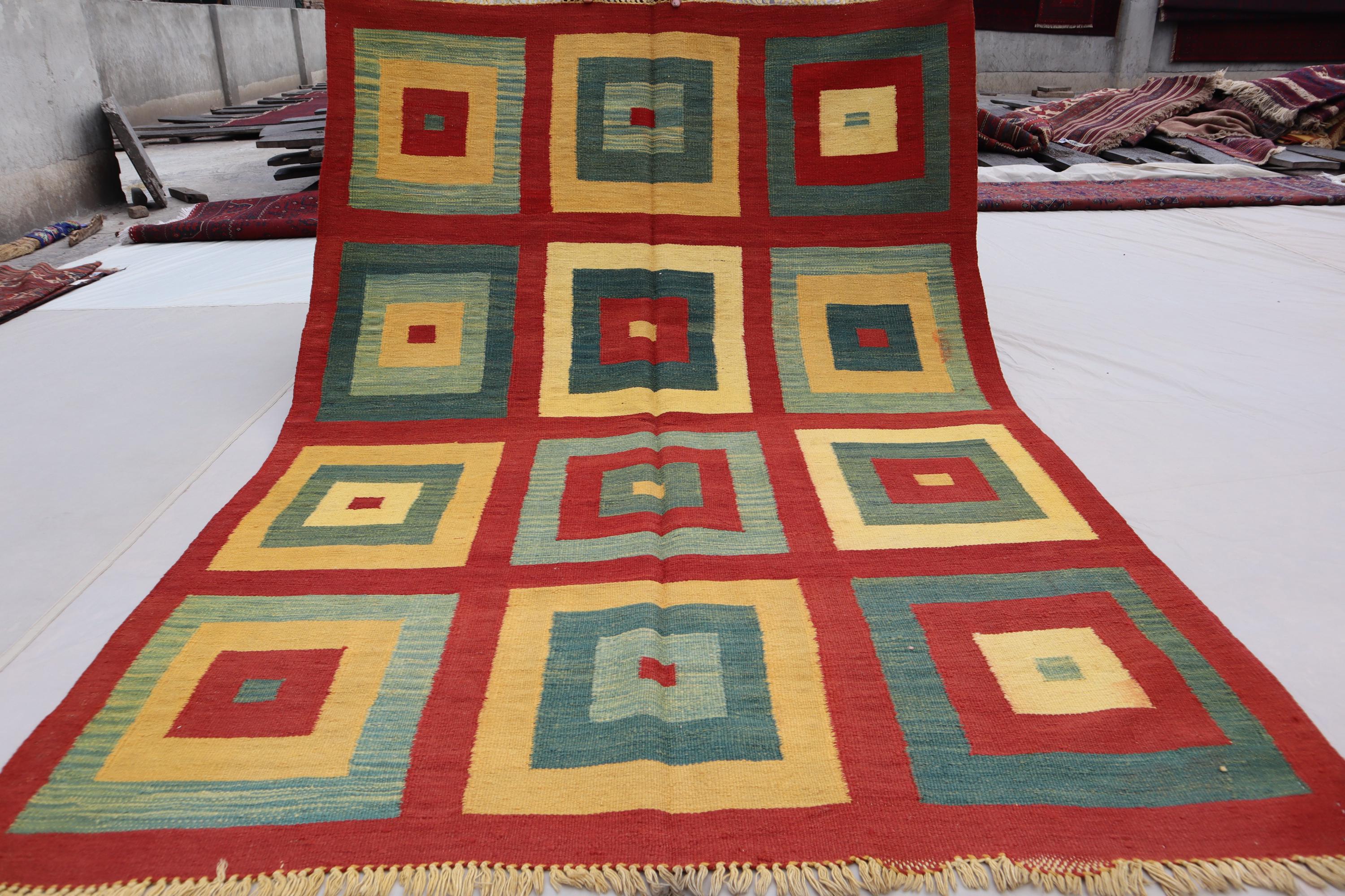 5x7 ヴィンテージ アフガン キリム ラグ：幾何学模様のボックス