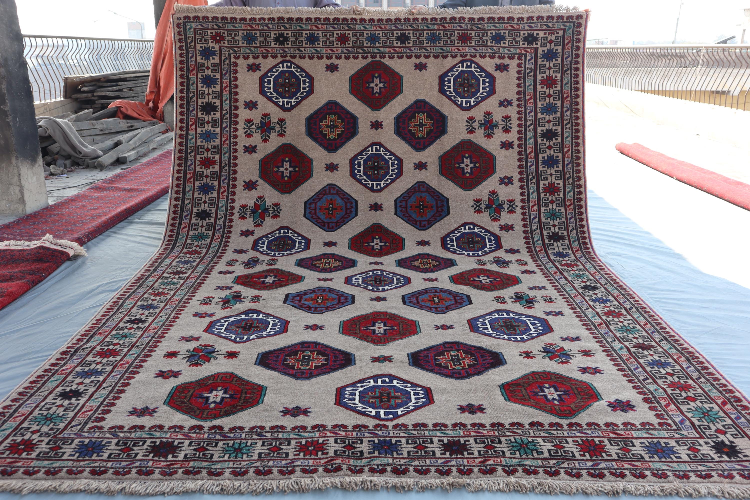 7x10 Afghan Vintage Baluchi Rug, Handmade Wool, Octagonal