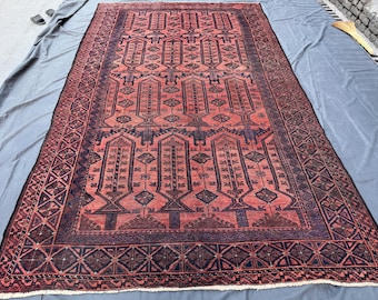 Tappeto rustico afghano Baluch Qalam Dani 7x12, tappeto geometrico in lana anticata fatto a mano, tappeto tribale antico per soggiorno.