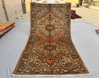 Alfombra antigua de terracota de 14 x 2,9 m, hecha a mano con medallón tribal de lana y diseño geométrico descolorido, estilo vintage único, para sala de estar.