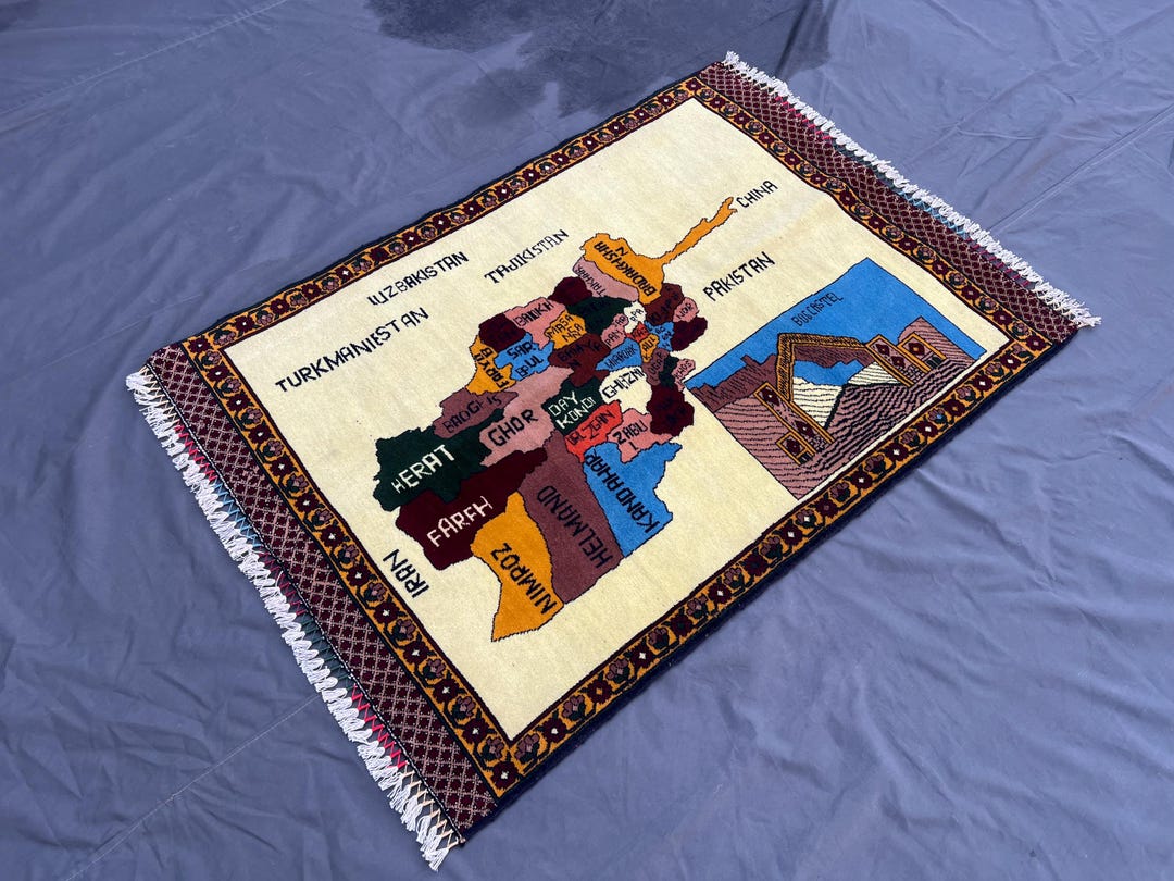 3'1x4'4 Vintage Map Rug, Afghan Handmade Wool Tribal Carpet, Wall ...