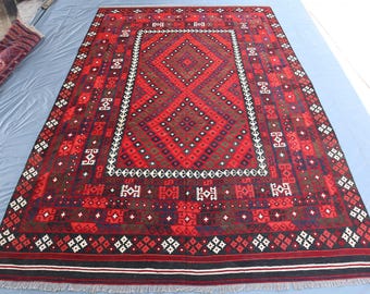 Tappeto Kilim Ghalmoori afghano di grandi dimensioni 8x13 / Tappeto tribale in lana annodato a mano / Tappeto vintage orientale rosso / Tappeto Kilim geometrico a tessitura piatta / Camera da letto