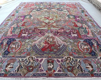 Large Area Afghan Pictorial Wool Rug | Hand Knotted Animal Hunting Scene Carpet | Tree of Life Art Rug