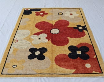 Alfombra afgana oriental de 5x7 pies con diseño floral hecha a mano