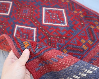 Czerwony geometryczny dywanik z wełny afgańskiej: ręcznie tkany, boho, dekoracja do przedpokoju (2 x 8 stóp)