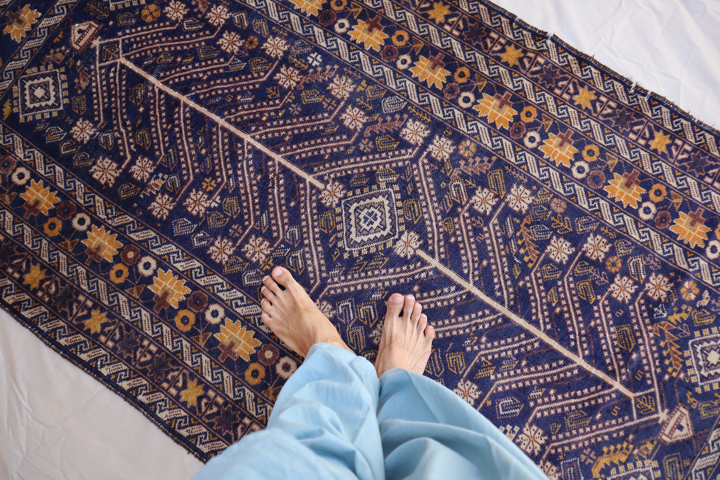 ラグ・カーペット Baluch small rug Vintage Afghan Baluch Tribal Rug 4x7, Handmade Navy Blue Wool
