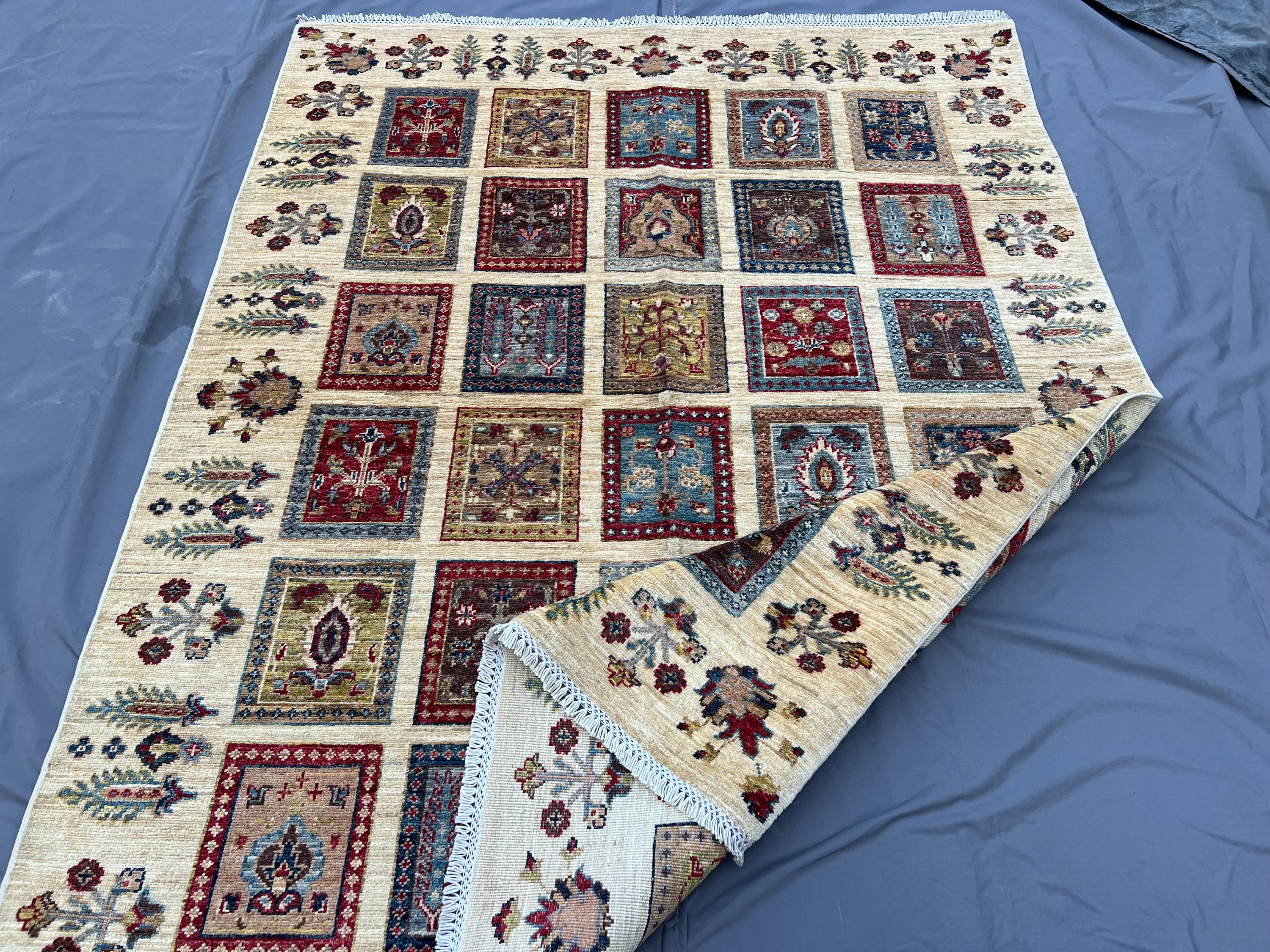 5x7 Vintage Turkmen Carpet in Beige, Hand Knotted Afghan Wool Rug