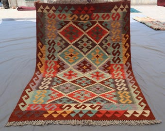 ヴィンテージ アフガン キリム ラグ: 3'4x4'10 手織りウール平織り