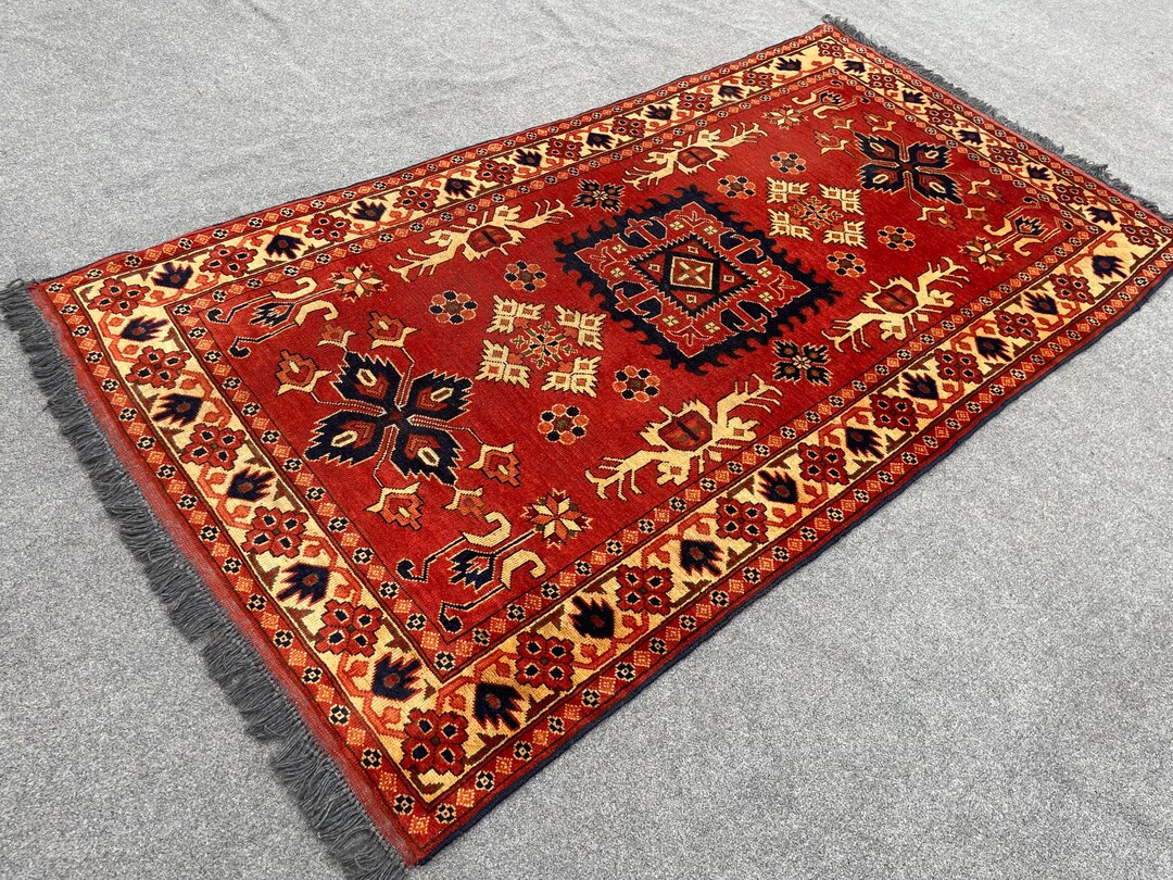 ヴィンテージアフガンラグ、4x7.4フィート、ハンドメイドウールトルコ