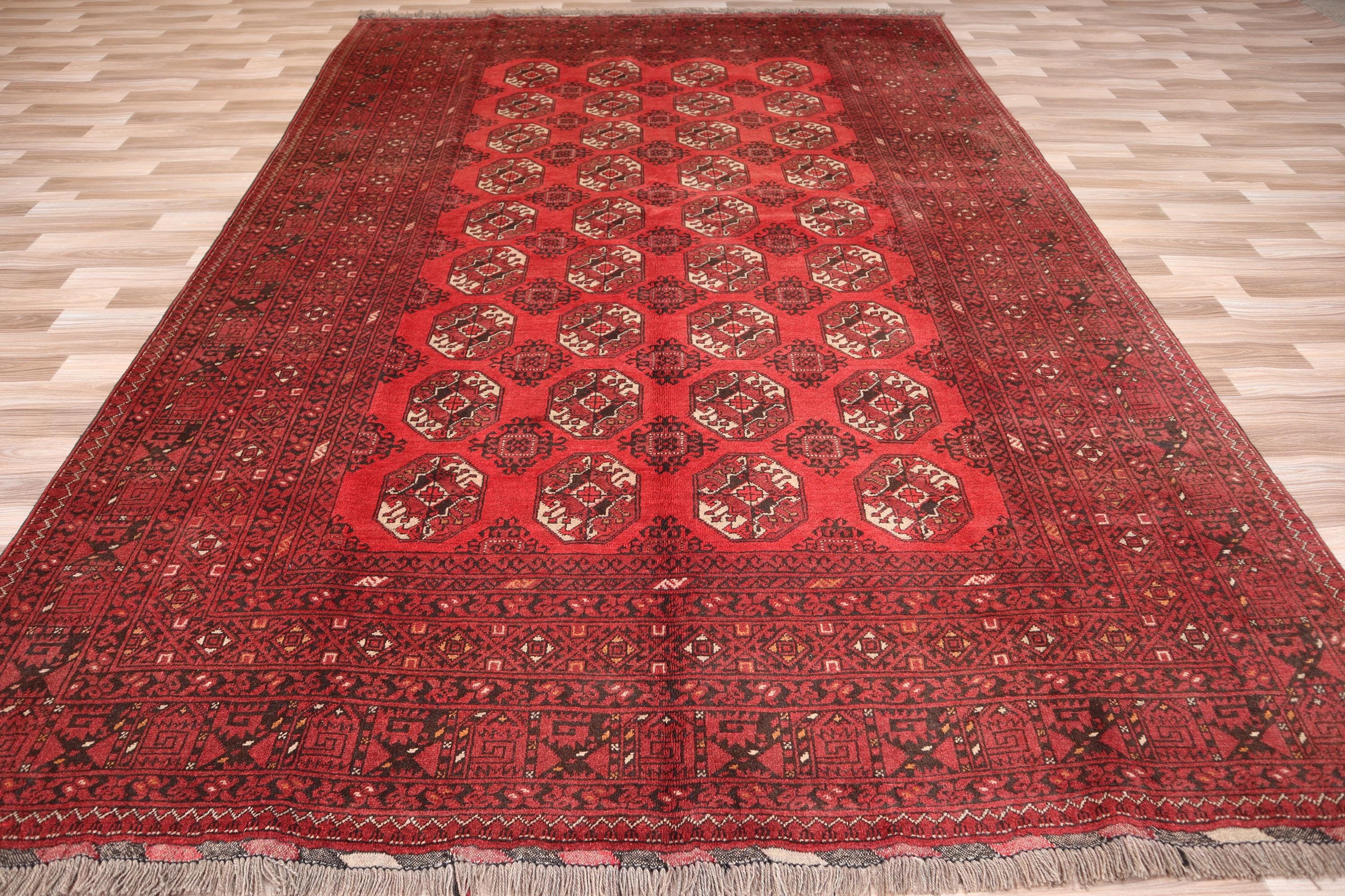 7x10 ヴィンテージ アフガン ラグ: 手織りウール Tekke Ersari ラグ