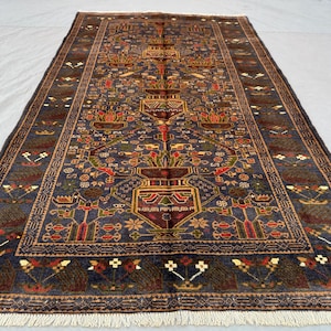 4x7 Navy Brown Rug 1980s Vintage Baluchi Tribal Rug | Geometric Area Soft Pile Oriental Boho Rug | Flower Pot Design Rug | Bedroom Decor Rug