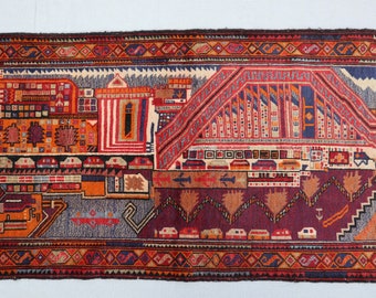 SIZE : 2&#39;8 x 4&#39;6 Feet Gorgeous Handmade Afghan Tribal Baluch 100% Wool Natural Dye Home Decor Rug. Painting Scene Wall Hanging Rug