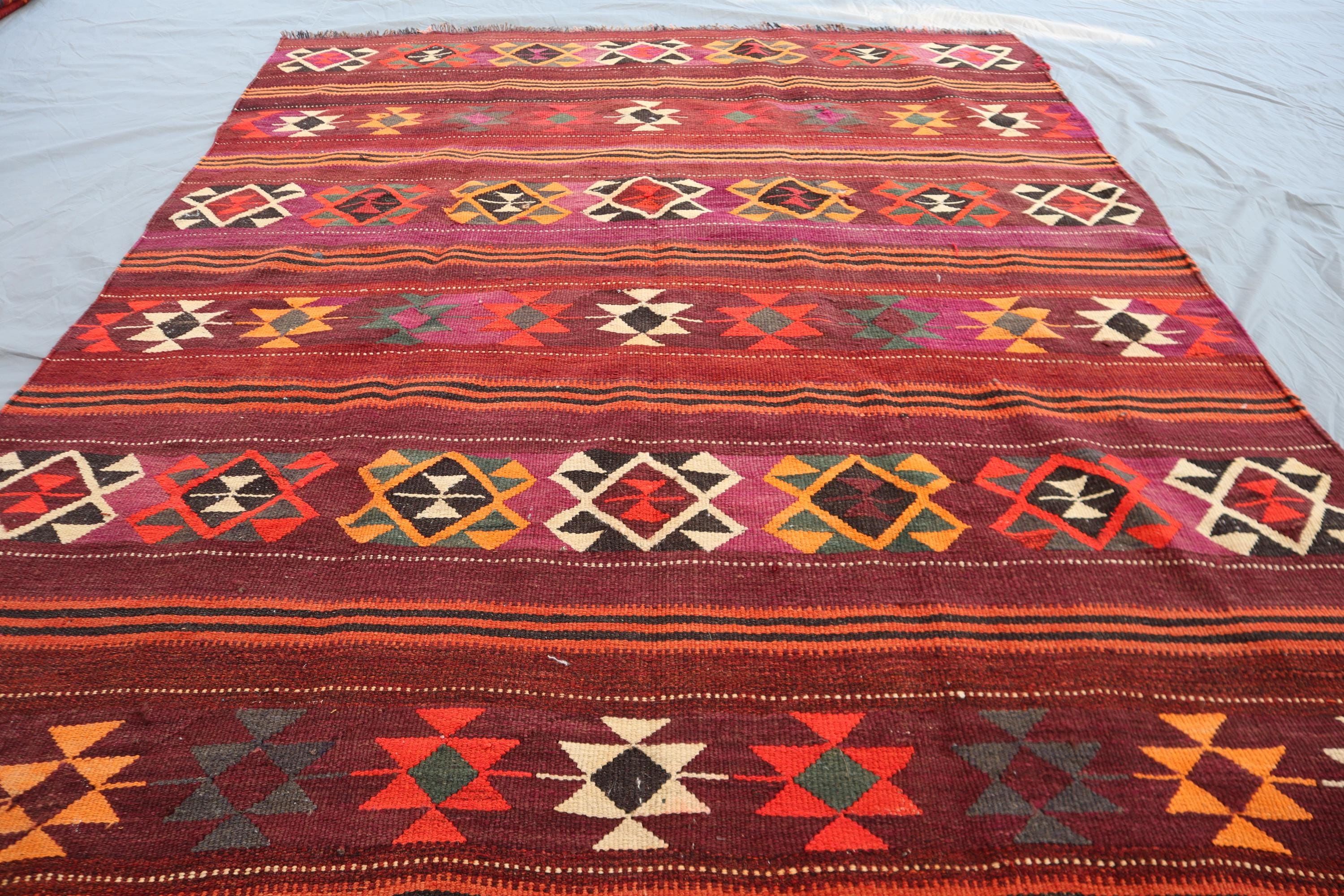 ヴィンテージアフガンキリムラグ: 5x7 ハンドメイドウール平織り