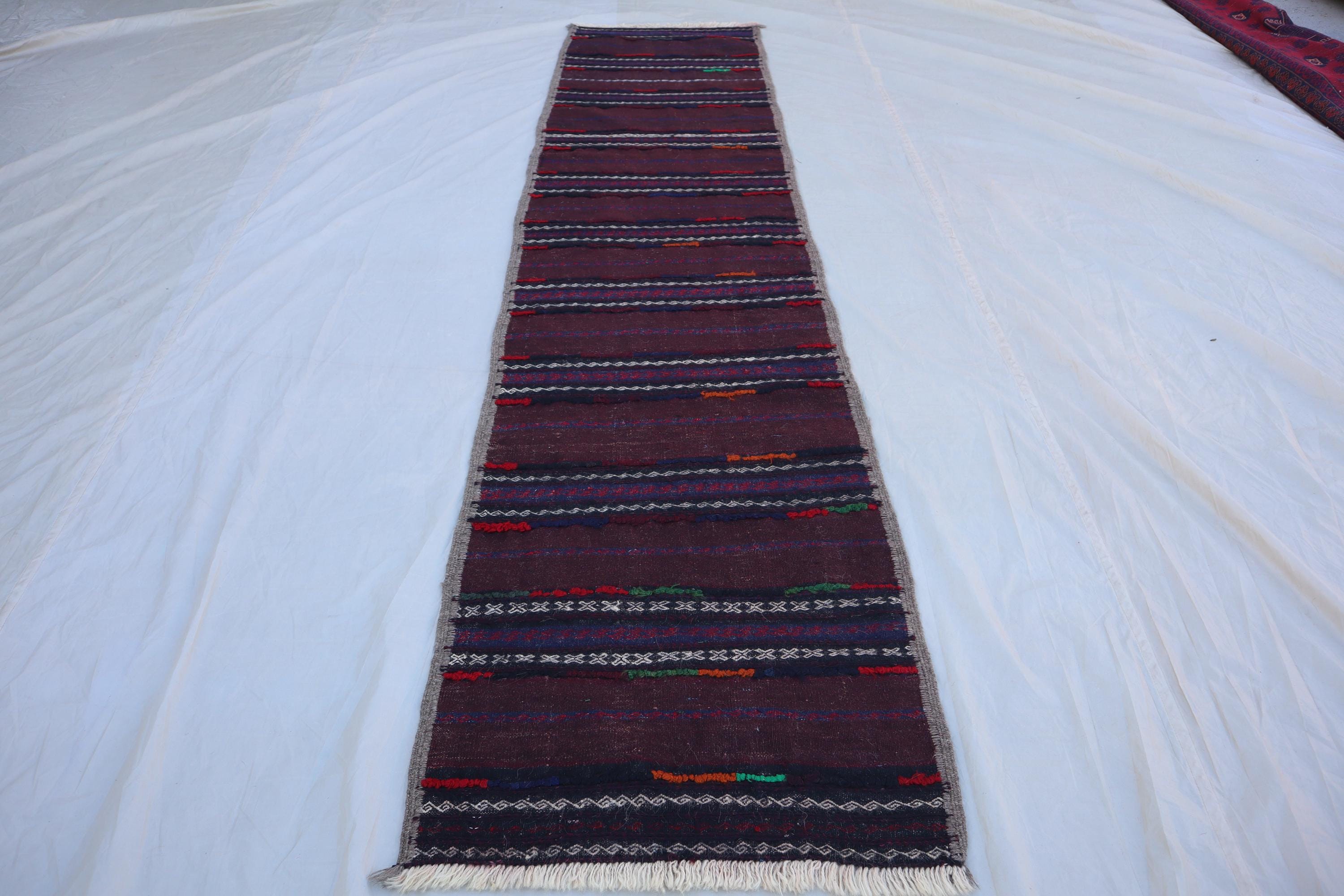 ストライプ柄ヴィンテージキリムランナーラグ：手織りアフガンウール