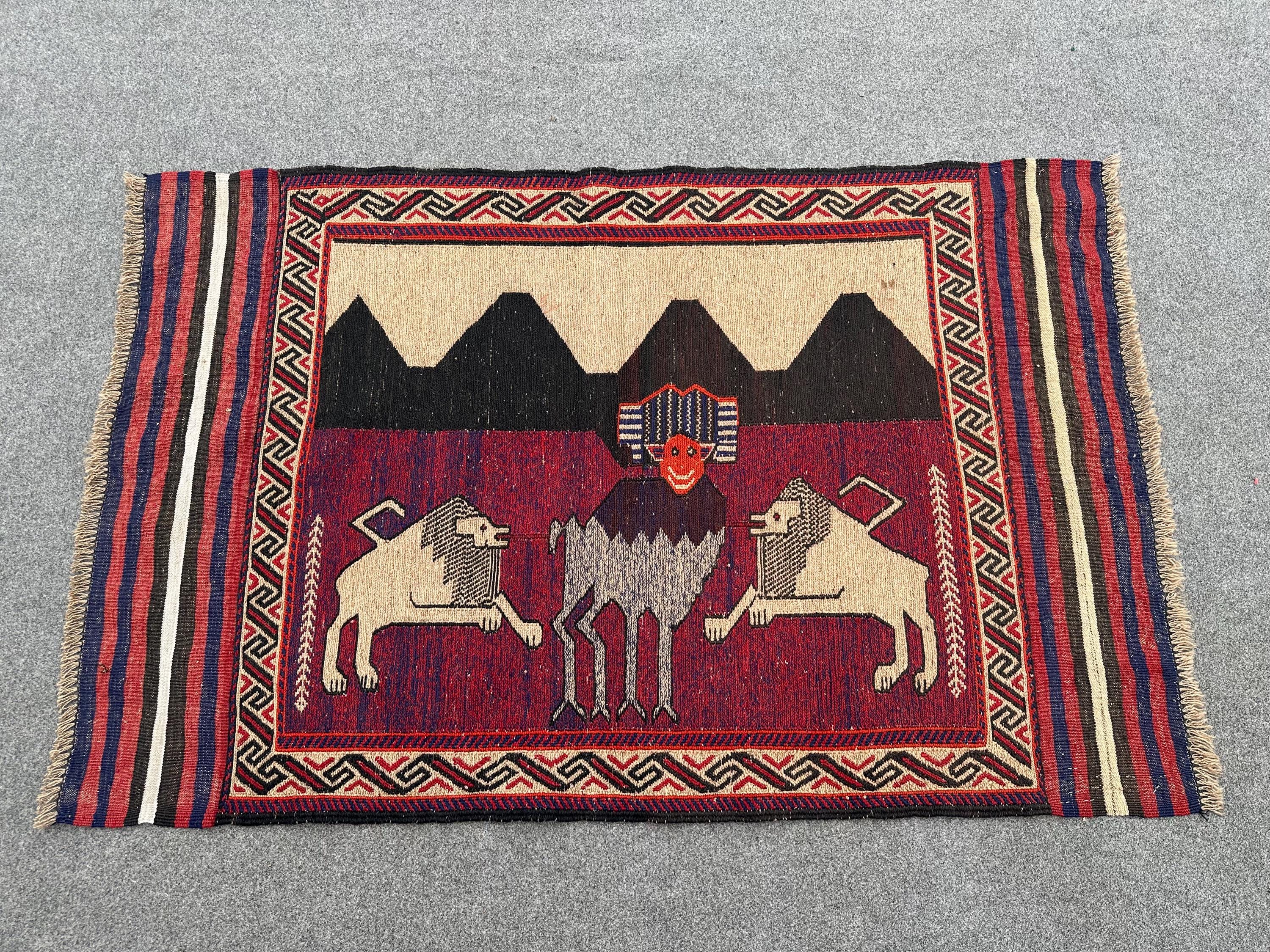 2'9x4'4 Ft Beautiful Handmade Tribal Pictorial Kilim 100% Wool Rug. Hunt Piece Loins Attack Painting Wool Rug. Wall Hanging Decor Rug