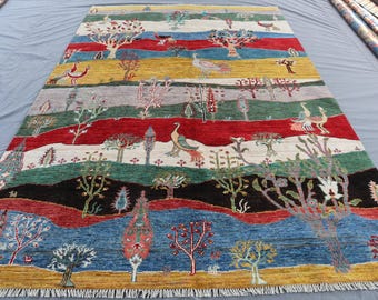7x10 Ft Handmade Gabbeh Pictorial Rug - Afghan Wool Landscape Carpet - Tree & Peacock Design - Colorful Village Scene Area Rug - Bedroom Rug