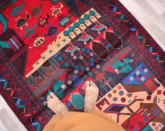 ヴィンテージ ムシュワニ ラグ：4x4.6 レッド＆ブルー アフガン