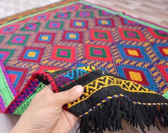 150x150 Vintage Afghan Kelim Teppich - Handgewebte Wolle, Multicolor Geometrisch