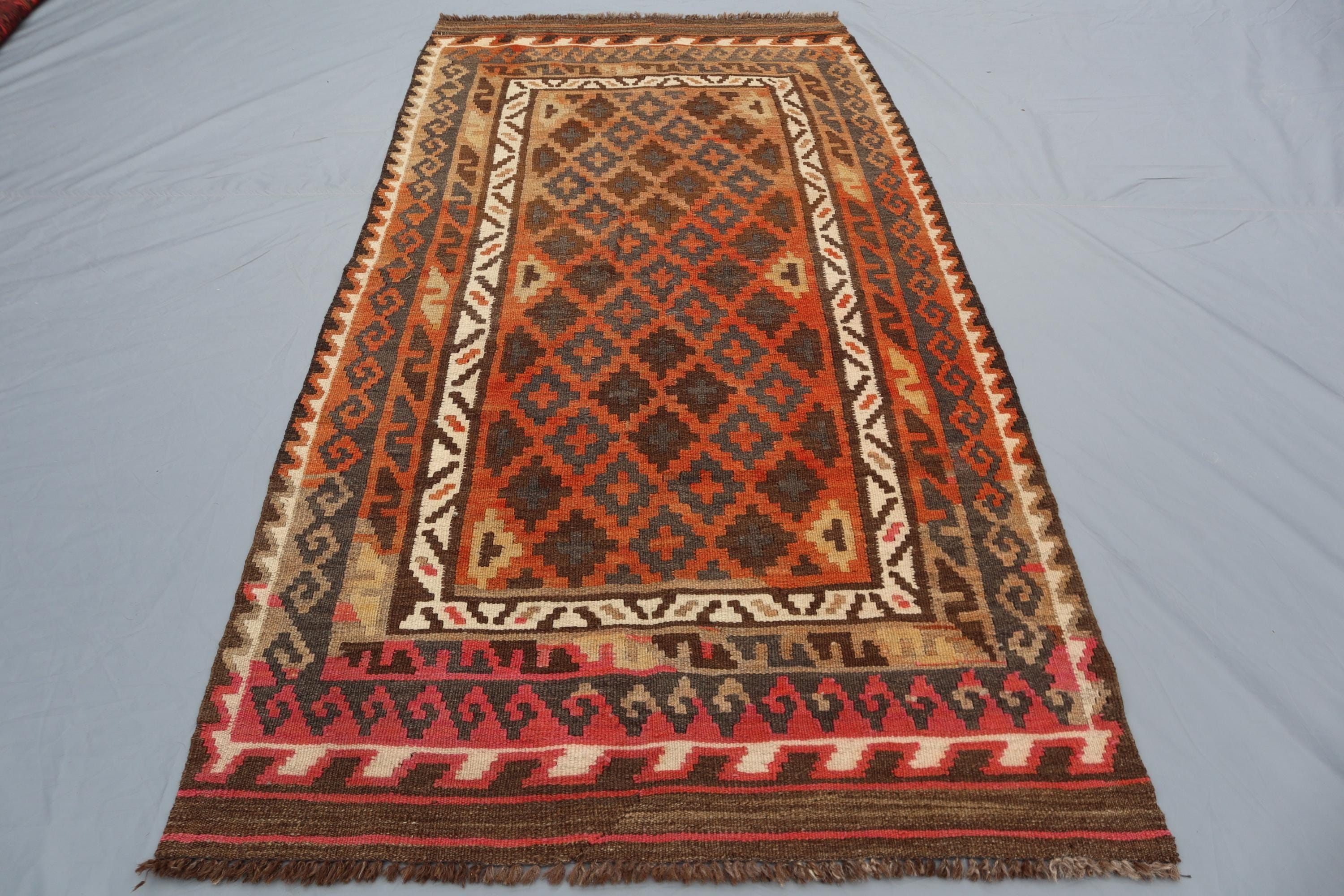 ハンドノットウールキリムランナーラグ：3.4x6.1フィートのテラコッタ