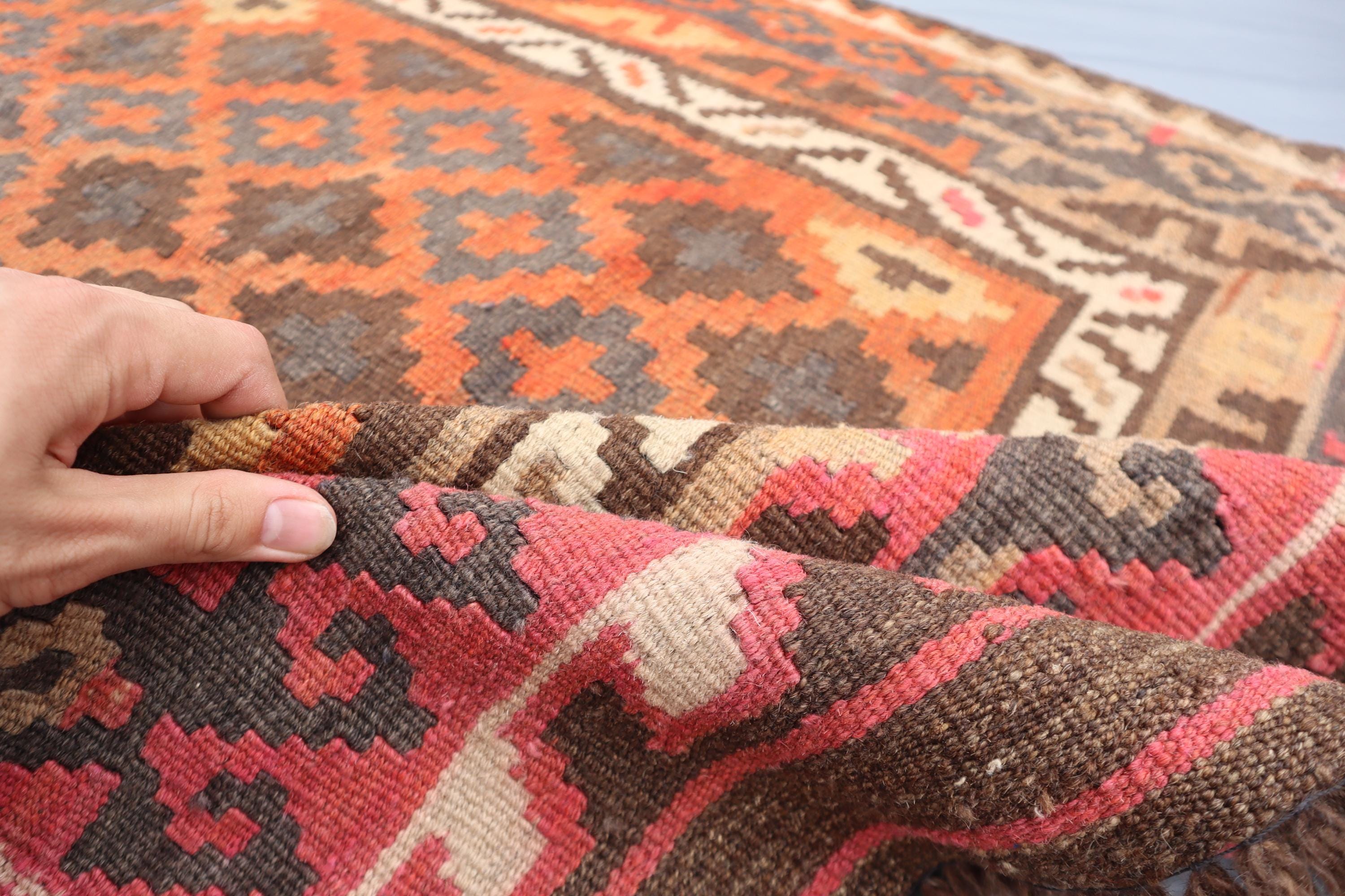 ハンドノットウールキリムランナーラグ：3.4x6.1フィートのテラコッタ