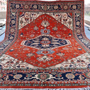 Alfombra oriental Heriz de 23 x 36 cm, estilo parisino, color rojo óxido. Alfombra bohemia de lana orgánica teñida con vegetales, anudada a mano. Ideal para sala de estar y dormitorio.