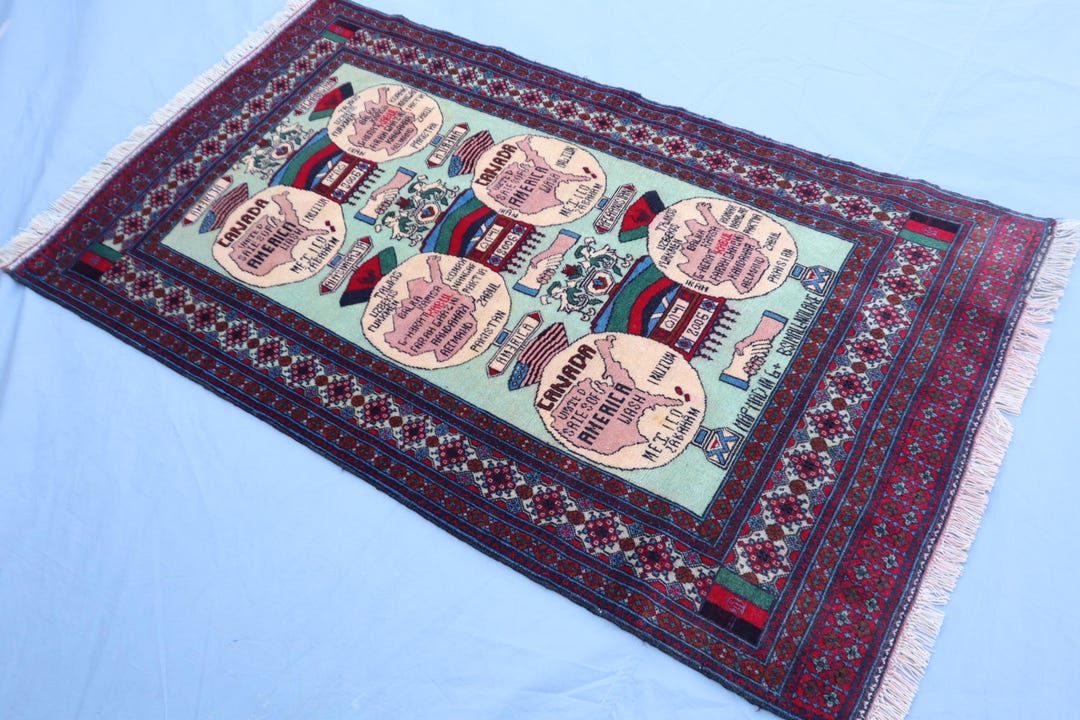 Vintage Afghan War Map Rug: Hand-knotted Wool Pictorial Carpet (3'3x5'8 ...