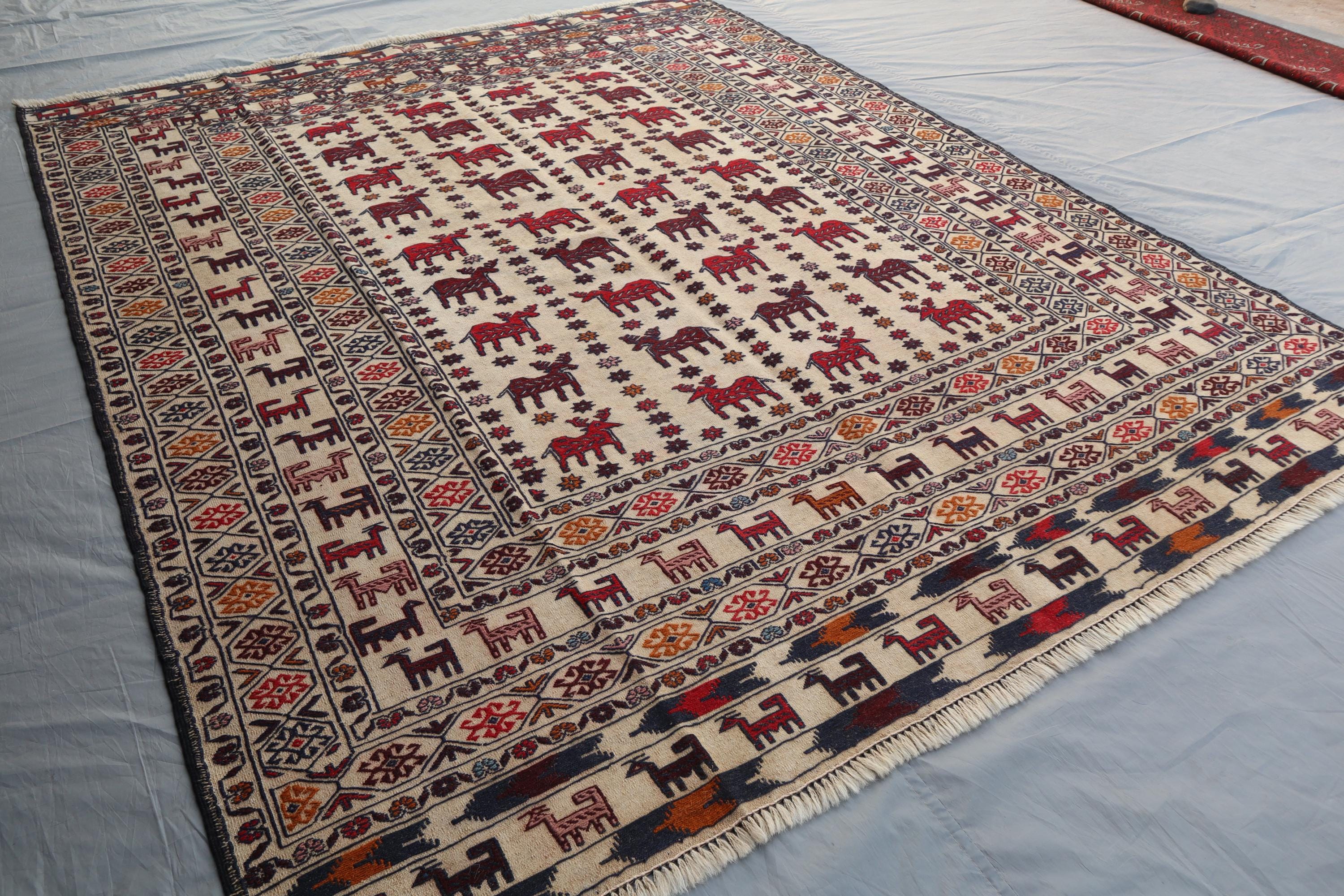 パキスタン製　ウールキリム　アフガンキリム アフガニスタン オールドキリム 108cm×137cm ラグマット｜マライカ公式通販