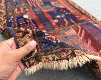 【vintage rug】バルーチ族　ヴィンテージ　アフガン　幾何学模様 3x5 ヴィンテージ アフガン バルーチ 絵柄ラグ、手織りウール村風景