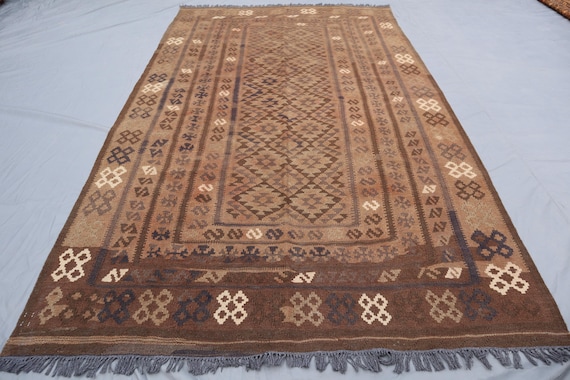 Antique Afghan Kilim Rug 7x10, Terracotta Brown Wool Flatweave, Boho Decor