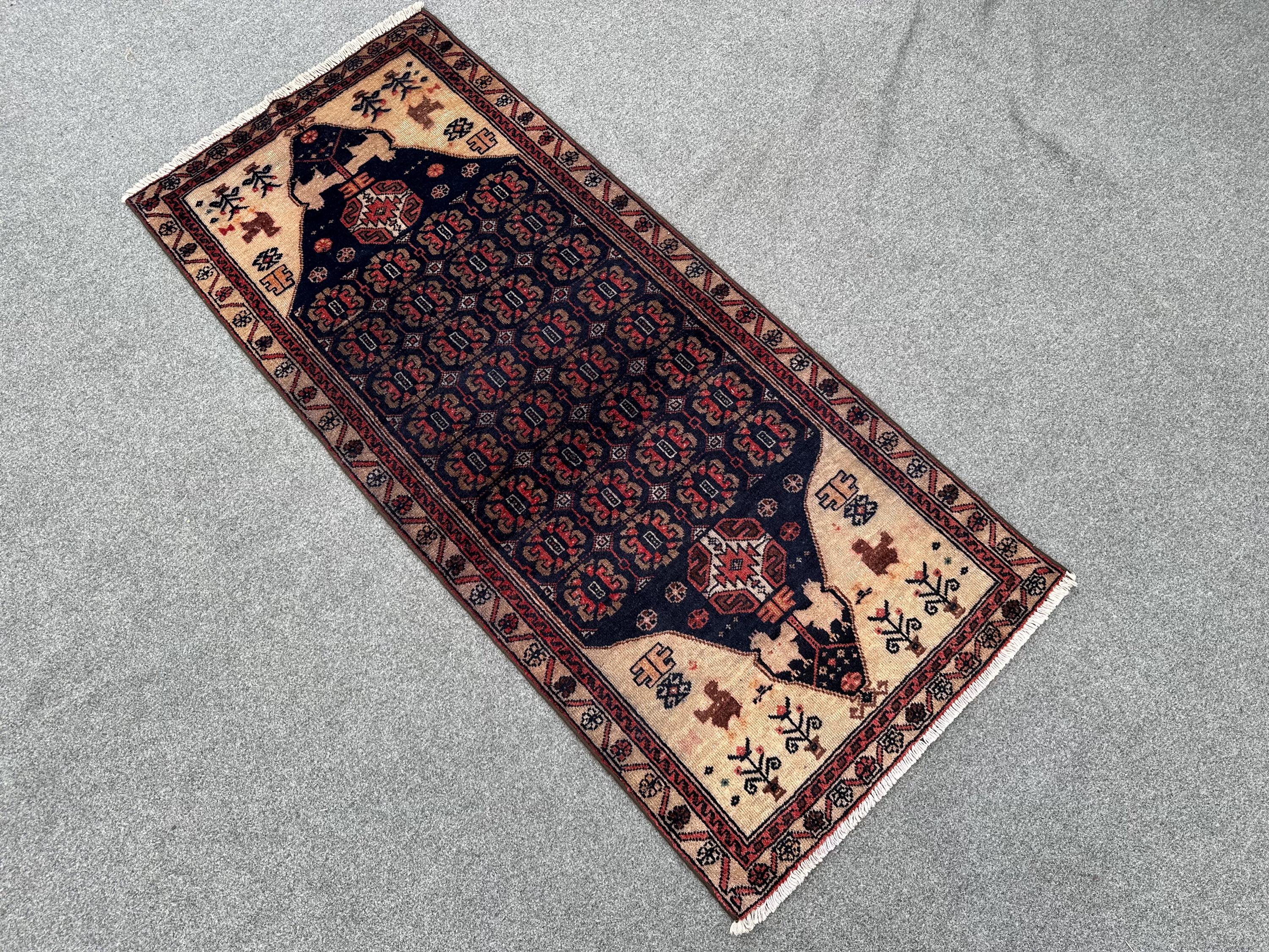 2x5 Vintage Afghan Baluch Pictorial Rug, Handmade Wool Tribal