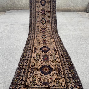 10ft Handmade Tribal Baluchi 100% Wool Runner, 9.9x2.6 Ft Vintage Turkmen Wool Runner, Geometric Vintage Runner, Caucasian Handmade Runner
