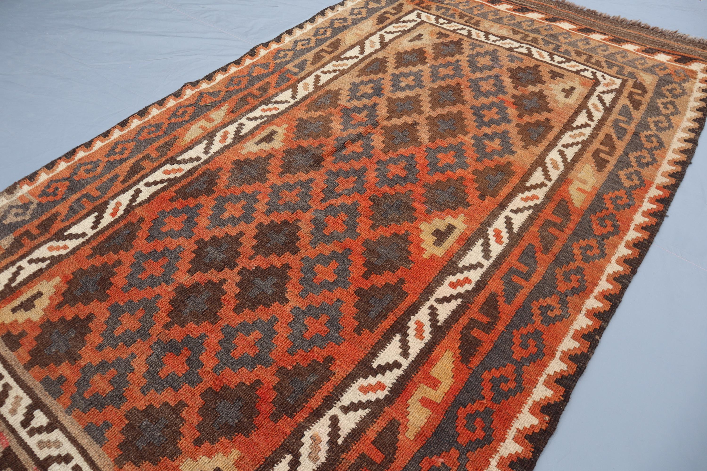 キリム アフガン ラグ 195x153 cm ハンドノットウールキリムランナーラグ：3.4x6.1フィートのテラコッタ