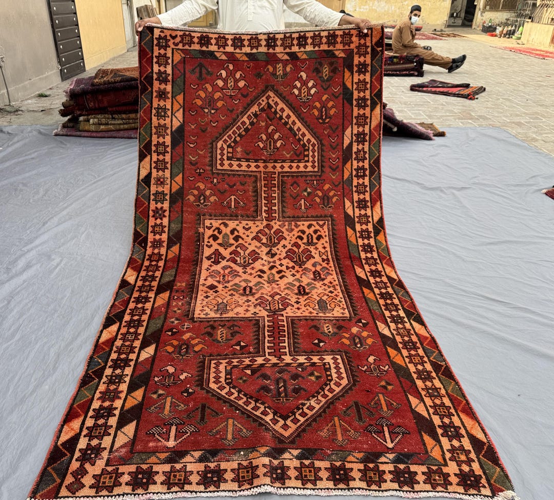 Vintage Geometric Distressed Area Rug 4x9/ Red Beige Afghan Tribal ...
