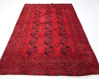 6x8 Rich Red Afghan  Bukhara Rug - Hand-Knotted Tribal Wool Rug - Geometric Area Antique Faded Rug - Natural Veg Dyes Soft Rug - Living Room
