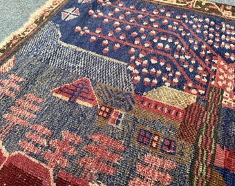 【vintage rug】バルーチ族　ヴィンテージ　アフガン　幾何学模様 3x5 ヴィンテージ アフガン バルーチ 絵柄ラグ、手織りウール村風景