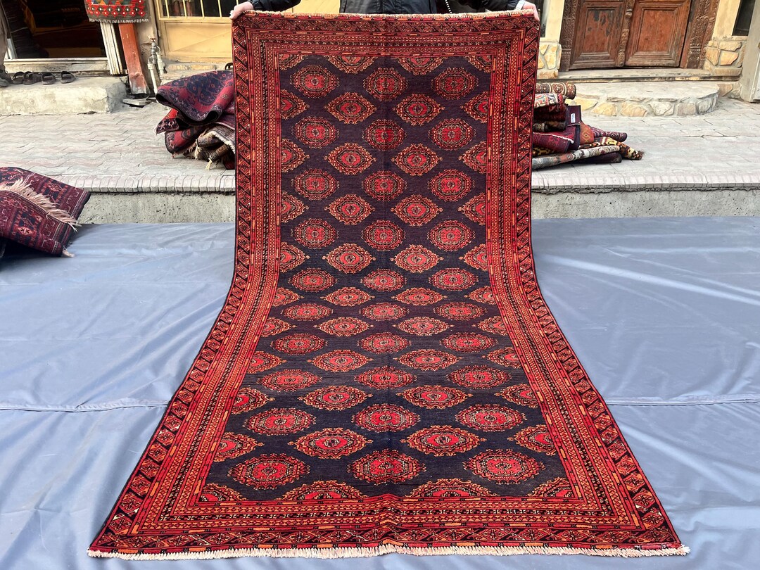Turkmen Area Rug 4x8 Bokhara Rug/ Black Red Hand Knotted Push Wool ...