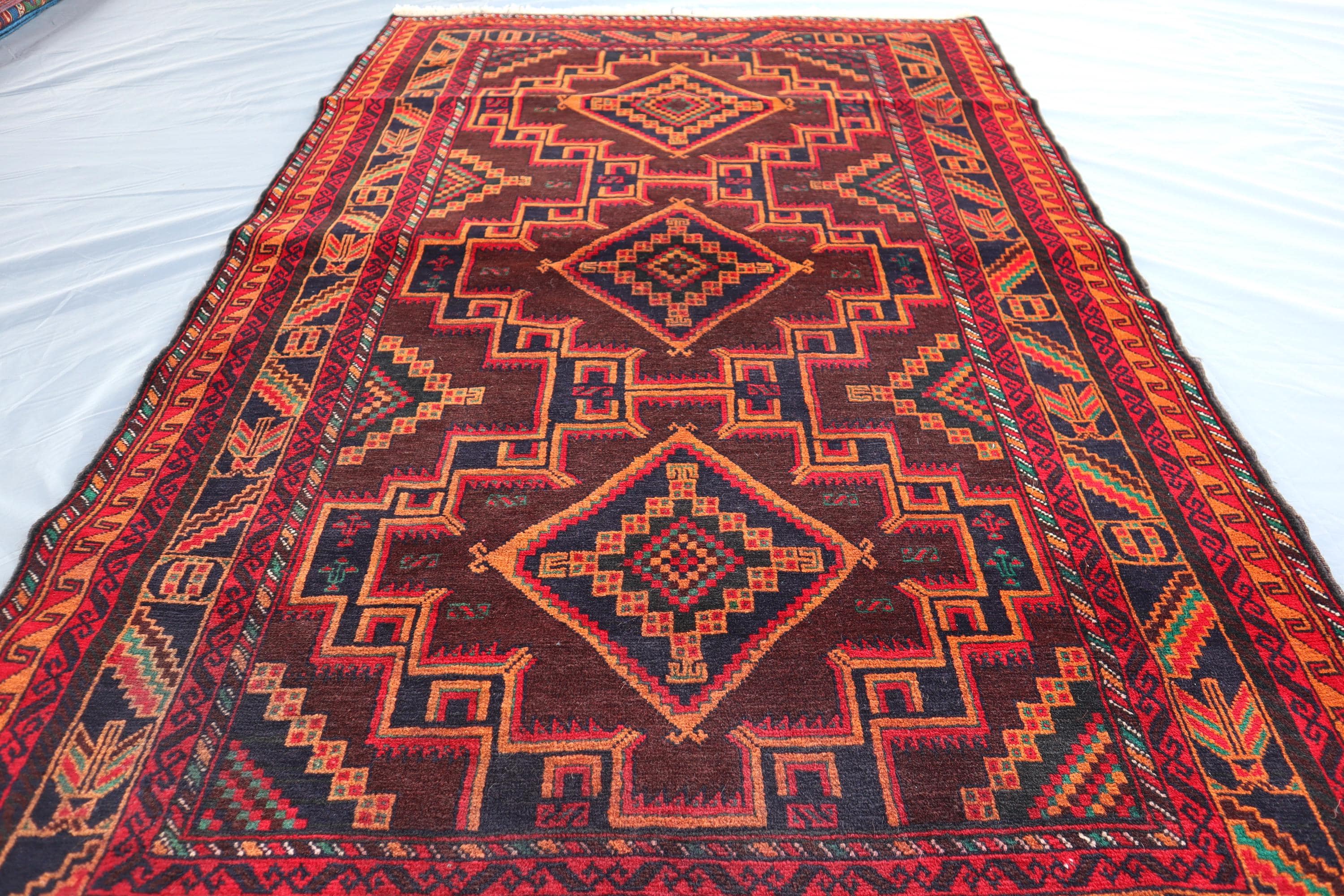ラグ・カーペット Afghan baluch rug Afghan Baluch Rug 4x6, Tribal, Geometric, Unique Colors, Triple