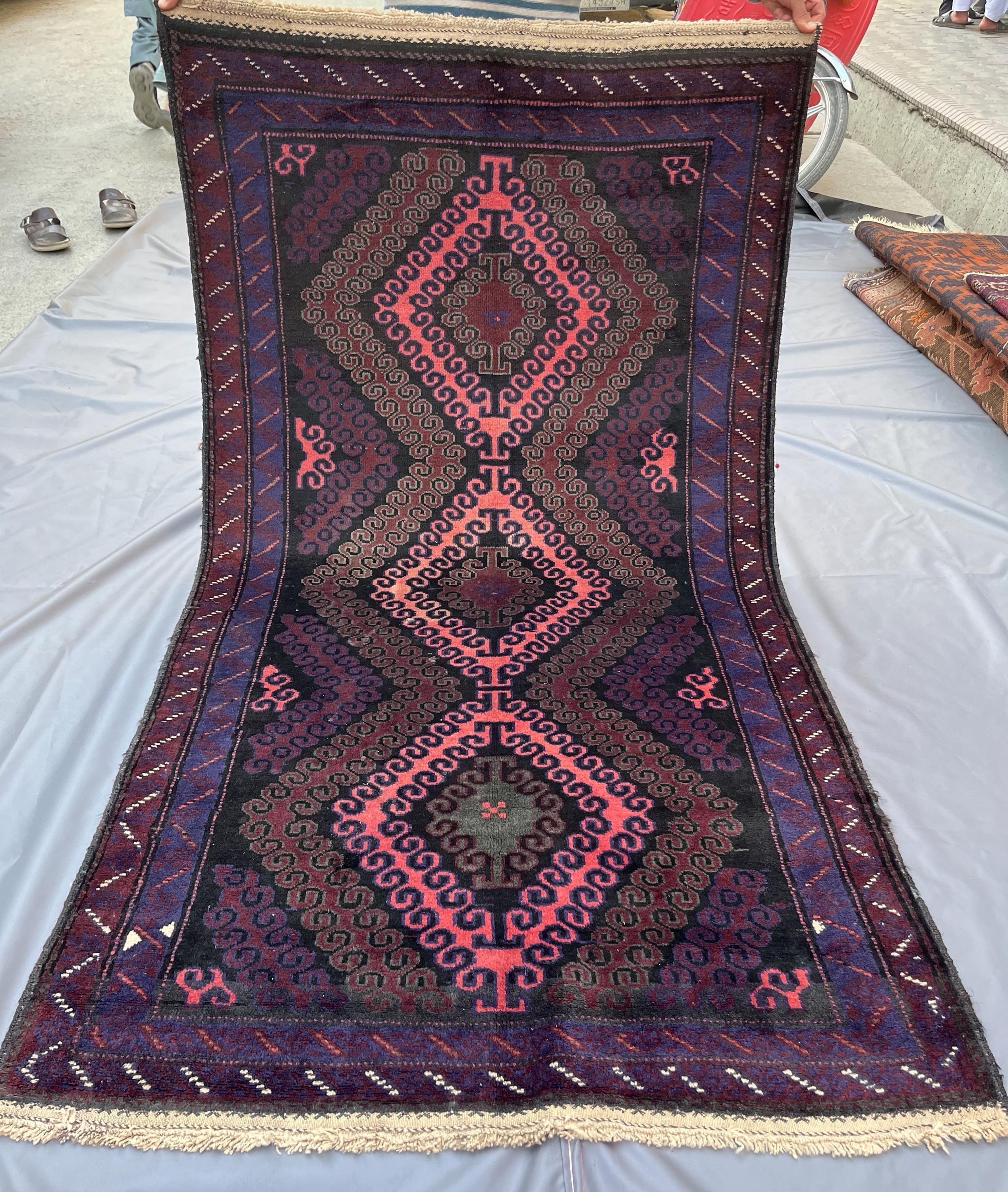 4x7 Vintage Afghan Baluchi Rug – Tribal Geometric Medallion Design