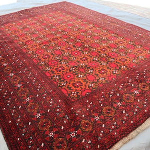 Afghan Vintage Rug 7x9 Ft, Turkmen Bashiri Baluchi Rug - 6&#39;8x8&#39;6 Ft Hand Knotted Wool Red Antique Rug - Oriental Tribal Rug, Living Room Rug