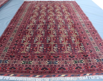 Afghan Ala Bakhmal Vintage 7x10 Rug - Hand Knotted Wool Geometric Area Rug - Turkmen Oriental Rug - Living Room Rug - 6.6x9.8 ft Bedroom Rug