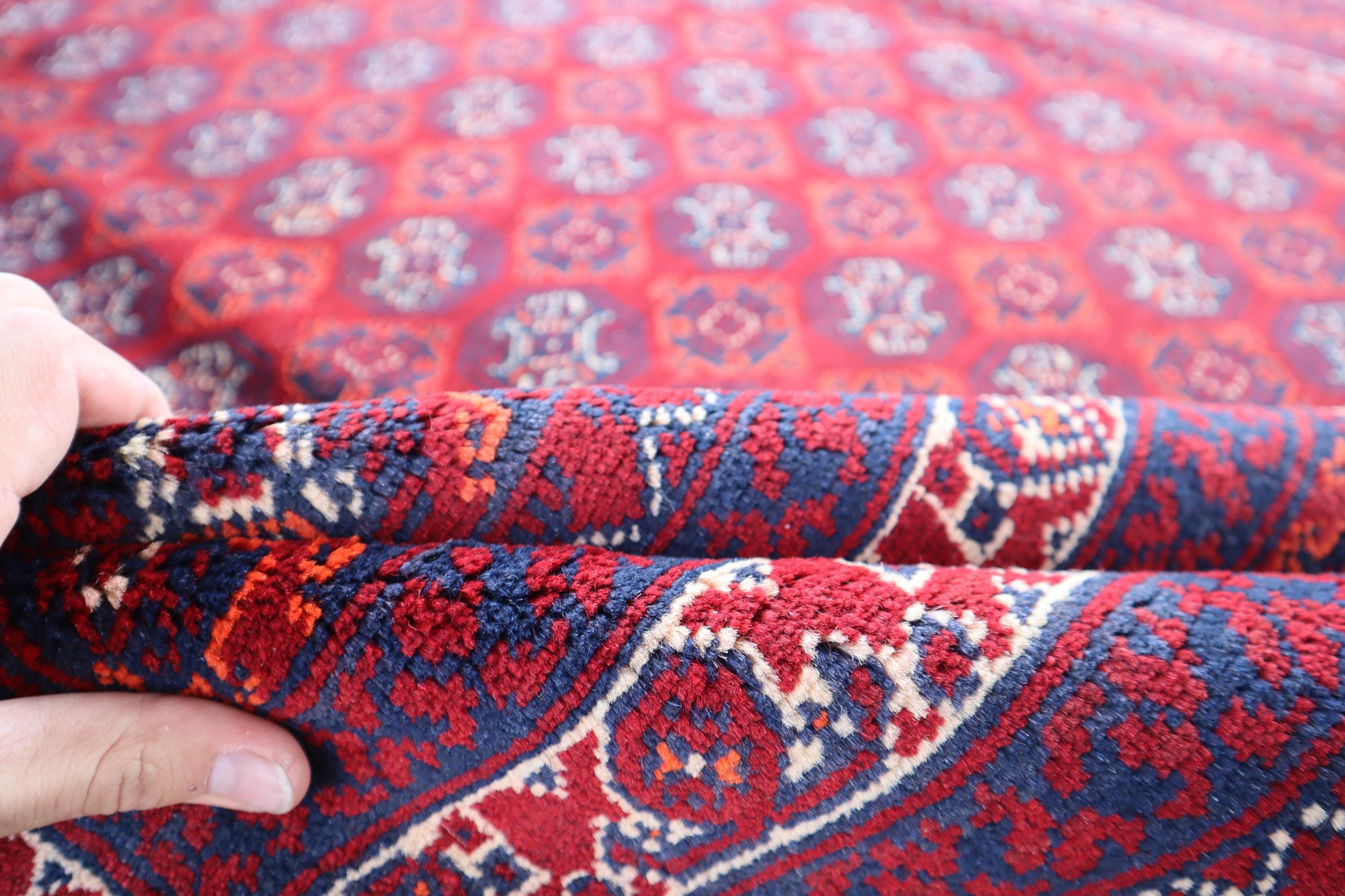 7x10 ハンドメイド アフガニスタン レッド ボハラ ラグ、ヴィンテージ