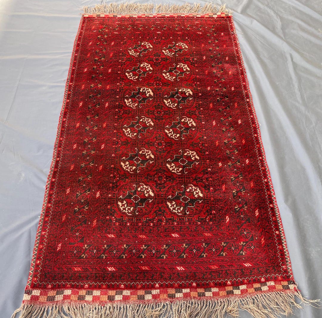 Waziri Rug Vintage Waziri Red Rug, Turkmen Wool Rug: 3'5x6'5 Handmade Geometric ...