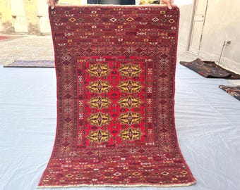 1990s Vintage Soumak Kilim Rug/ 3'1x4'9 ft Hand-Woven Wool Tribal Rug/ Geometric Area Rug/ Flatweave Kilim Rug/ Bedroom Rug Red kilim Rug