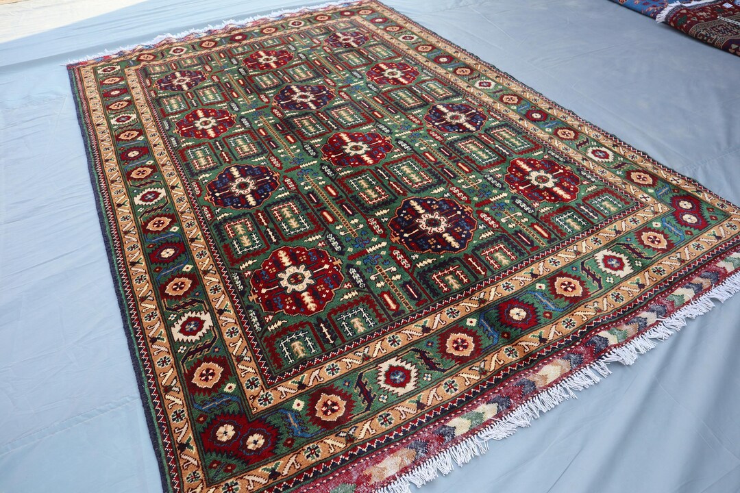 Moss Green Afghan Bukhara Rug – Hand-knotted Wool Oriental Rug (4