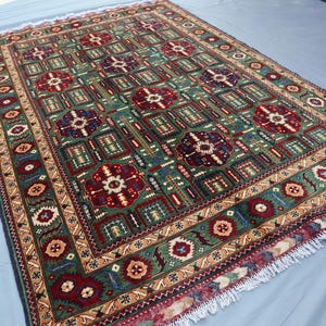 Afghan Contemporary Moss Green Bukhara Rug - 4&#39;10x7 Ft Turkmen Bukhara Oriental Rug - Afghan Hand Knotted Wool Soft Pile Rug Living Room Rug