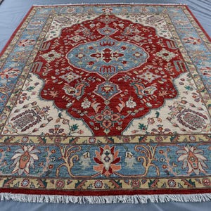 Alfombra Heriz roja estilo parisino de 8 x 10 pulgadas - Alfombra oriental afgana anudada a mano con medallón de lana teñida con vegetales - Alfombra para sala de estar - Alfombra para dormitorio